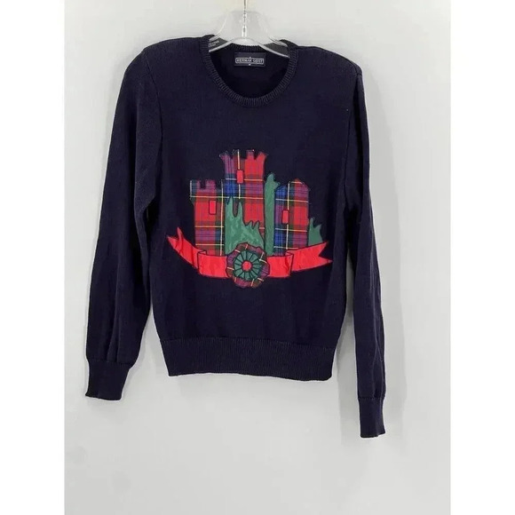 VINTAGE HERMAN GEIST EMBORIDERED PLAID CASTLE COTTON NAVY BLUE SWEATER MEDIUM - Picture 1 of 8